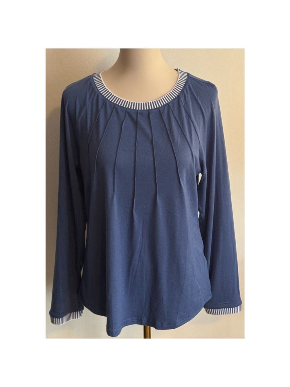 Women's MEROKEETY Blue Long Sleeve Tee with White Stripes, Size M